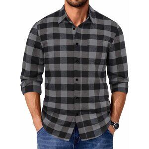 Buffalo Black Gray Men Flannel  Long Sleeve Plaid  Button Up Shirt Jacket